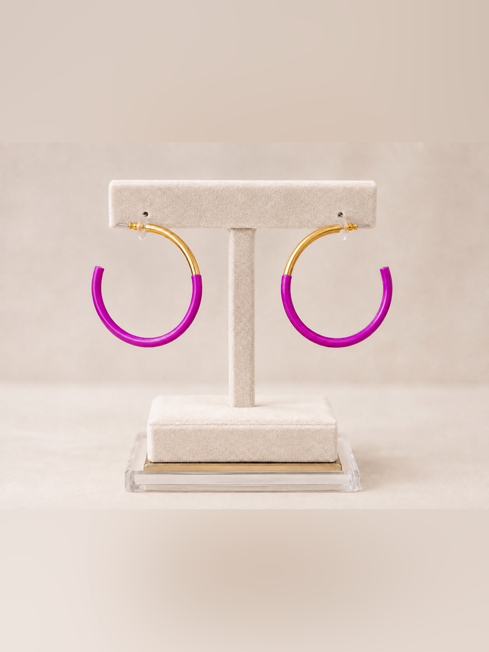 Accessory Jane Fuchsia & Gold Tone Liz Large Open Hoop Statement Earrings 2.25” - Picture 3 of 3
